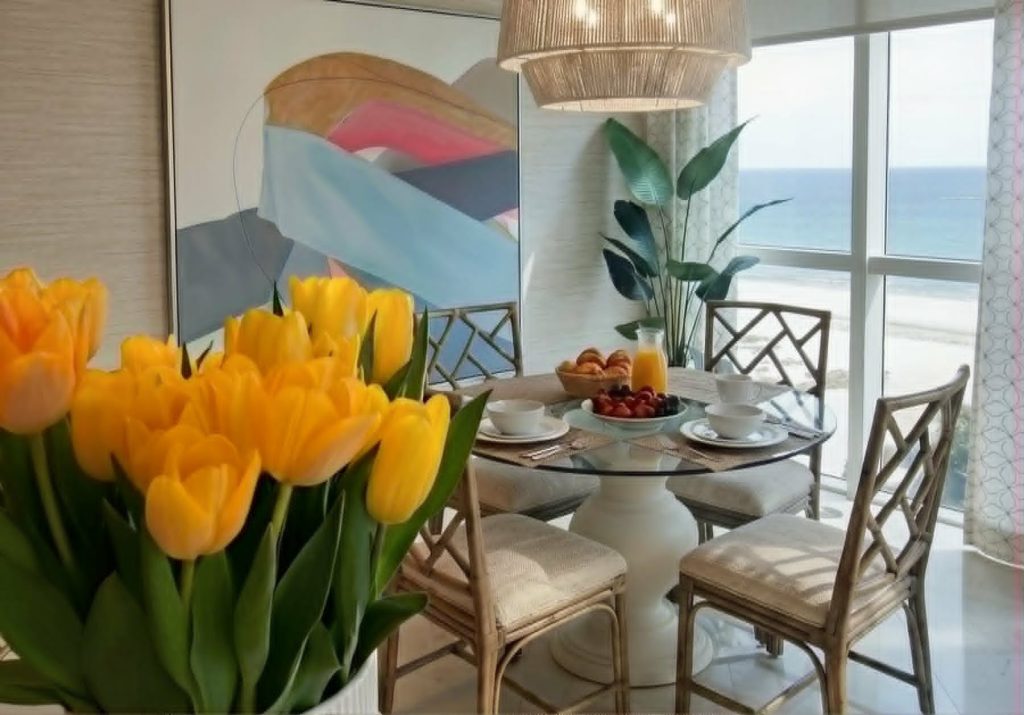 Httpswww Andyquinones Net this beachfront coastal condo design in pompano beach florida by fort lauderdale florida interior designers artistic interiors is sure to deliver a beautiful breakfast experience every time with its colorful pallet and light filled atmosphere The large painting on the wall was painted by andy quinones himself