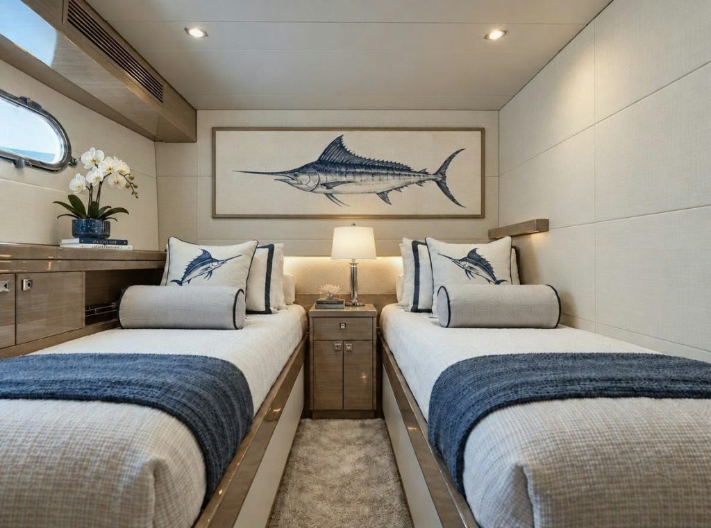 Yacht Interior Design SR2 by AIAQ - https://www.andyquinones.net Httpswww Andyquinones Net yacht state room interior decor In this room for two we have updated the woodwork carpeting artwork bedding with new fabrics and custom embroidering hardware and accessories giving the room a new nautical feeling with a new color scheme