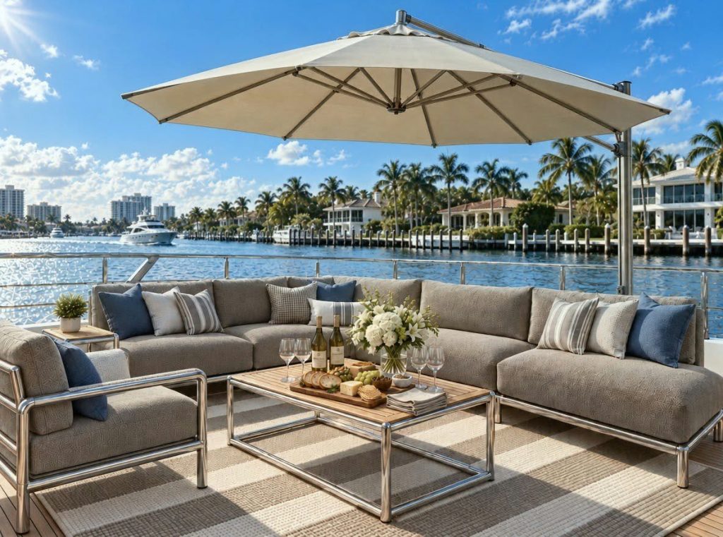 We have furnished this yacht deck with a stainless steel and teak custom designed patio set boasting taupe terrycloth upholstery, festive throw pillows in various complimentary fabrics, a large umbrella for much needed shade in the Florida sun, and an outdoor striped synthetic area rug to anchor the seating area. We have also staged it for a relaxing wine and cheese conversation session.