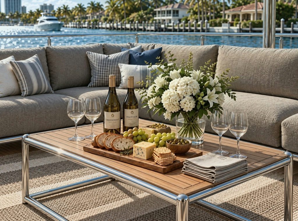 Httpswww Andyquinones Net yacht staging is one of fort lauderdale's most sort after activities when it comes to selling your yacht at the FLIBS and MIBS. This image showcases yacht staging refreshments on a decorated deck. Artistic Interiors Fort Lauderdale interior designers offer full-service yacht interior design and staging for any marine vessel. 